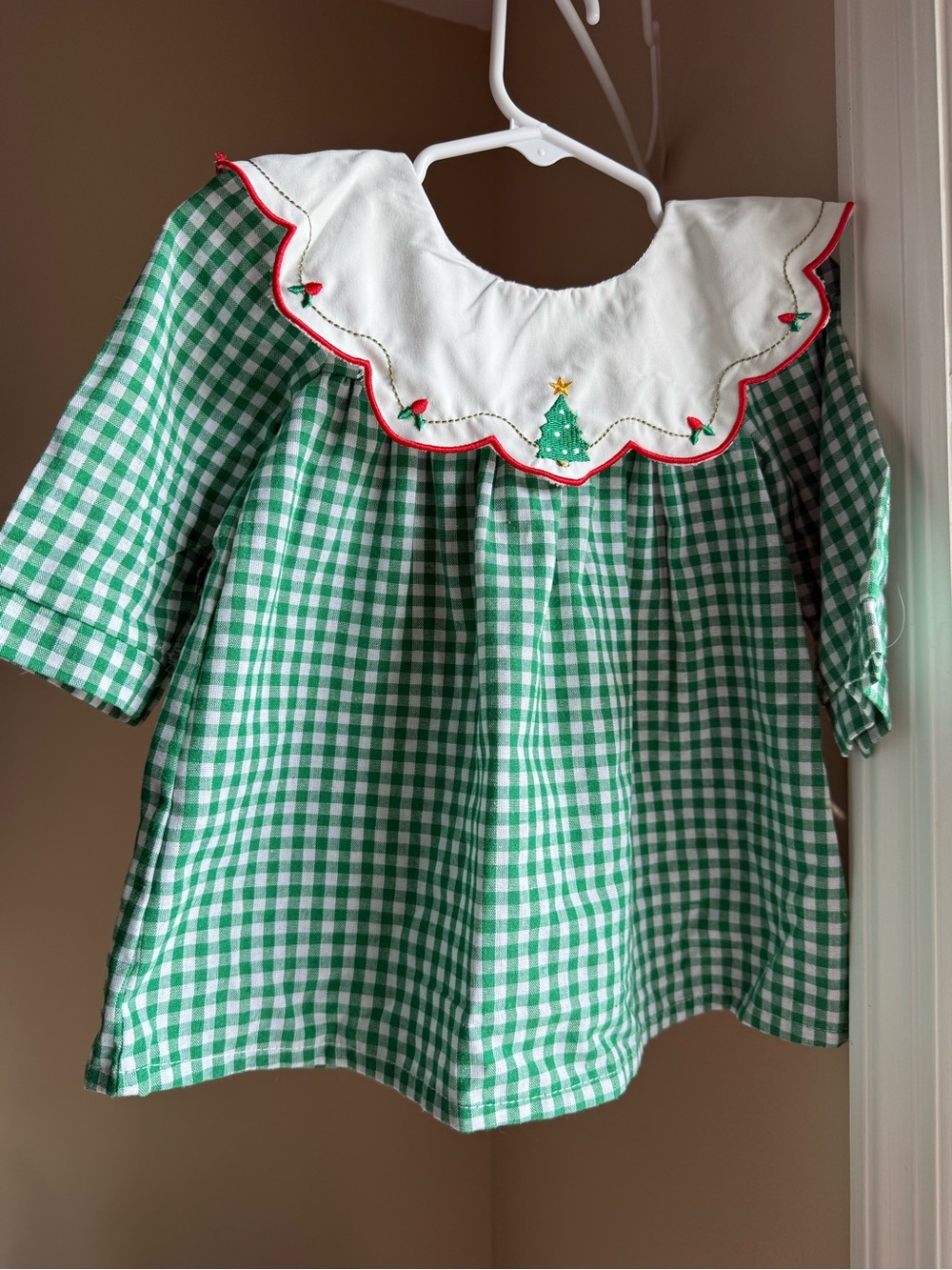 3 for $25 Green and White Gingham Dress with Embroidered Christmas Collar